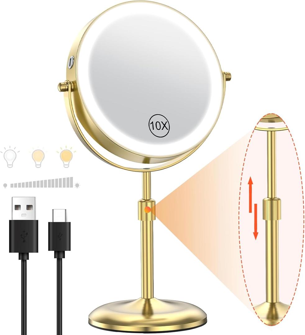 Benbilry Lighted Makeup Mirror with 3 Color Lights & 10X Magnification, Adjustable Brightness & Height, 7 Inch 360 Swivel Rechargeable 10X LED Magnifying Vanity Mirror with Light, Gold