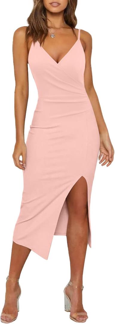 WAYMAKER Women's Sexy V Neck Spaghetti Strap Sleeveless Wrap Ruched Side Slit Bodycon Cocktail Party Wedding Guest Dress, Small