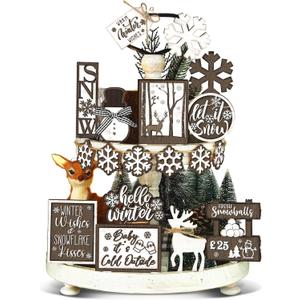 17 Pcs Winter Tiered Tray Decor Winter Snowman Tiered Decorations Set Snowflake Reindeer Table Centerpieces Decor Wooden Signs Table Decoration Without Tray for Farmhouse Party (Brown)