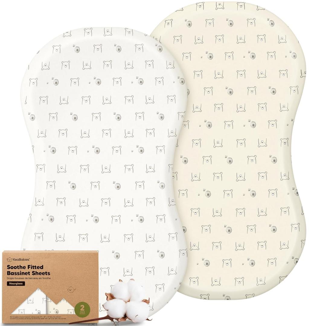 2-Pack Organic Bassinet Sheets for Boys, Girls - 100% Cotton Baby Bassinet Mattress Sheets Compatible with Halo Bassinest Swivel Sleeper, Hourglass 30"x18", Soft & Breathable (Bumble Bear)