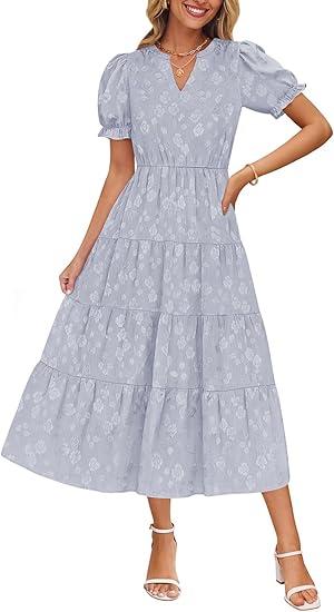 ZESICA Womens 2026 Summer Puff Short Sleeve Midi Dress Floral V Neck Textured Ruffle Flowy Beach Party Dresses (Small, Blue)