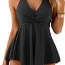 Halter Women's Tankini Swimsuits Tummy Control Two Piece Swim Dress Bathing Suits Flowy Swim Top with Short (Black, XL)