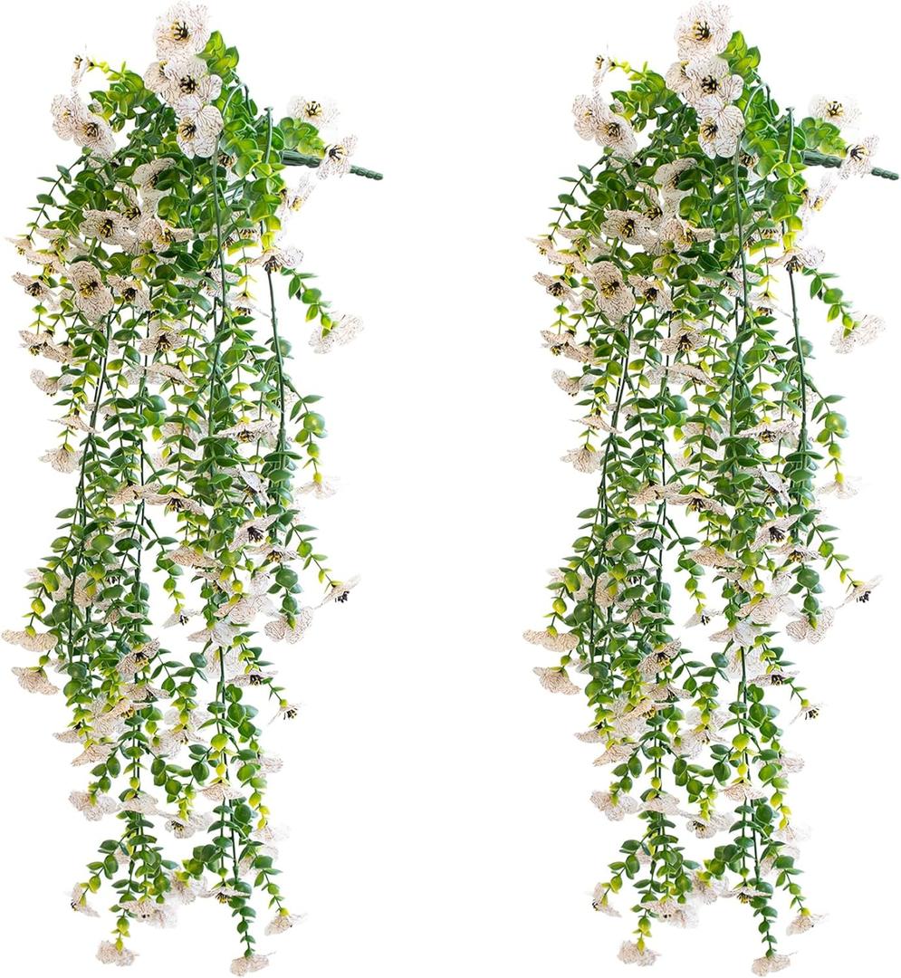 Artificial Hanging Flowers for Outdoors, 2 Pcs UV Resistant Artificial Outdoor Plants No Fade Fake Hanging Plant with Silk Flowers for Outdoor Planters for Home Garden Porch Yard Decor,Double White