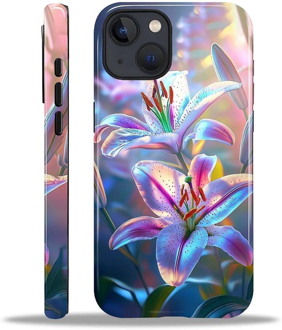 for iPhone 15 Case, Sparkling Lilies Pattern Glossy 2 in 1 Shockproof Bumper Drop Protective Case for Girl Women Boy Men
