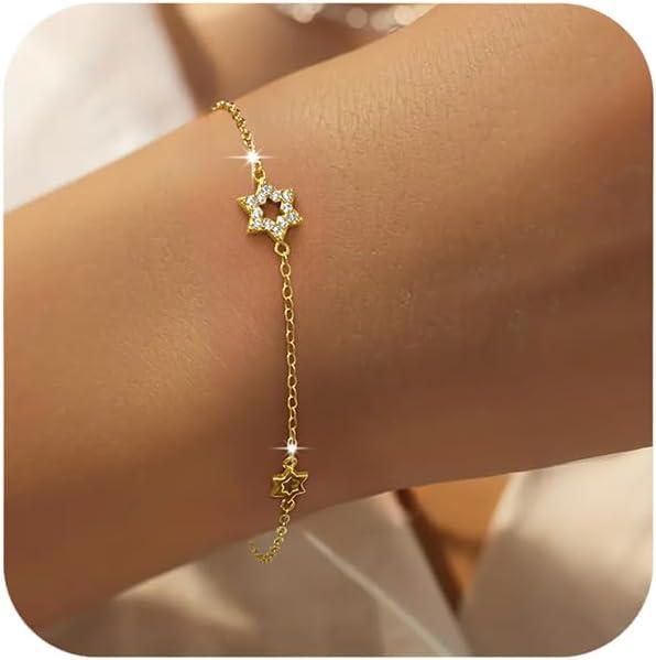 LOVECOM 14K Gold Plated Jewish Star of David Bracelet for Women 925 Sterling Silver Star Cubic Zirconia Link Charm Chain Bracelet Jewish Jewelry Birthday Gifts for Friend Daughter Mom