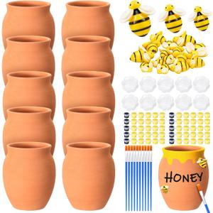 Blushtier 10 Sets Terracotta Clay Honey Pots Kits Bulk Bee Birthday Party Table Centerpieces Decorations DIY Honey Pot Jar Activity Bee Party Favors Gift for Guest (Cute)