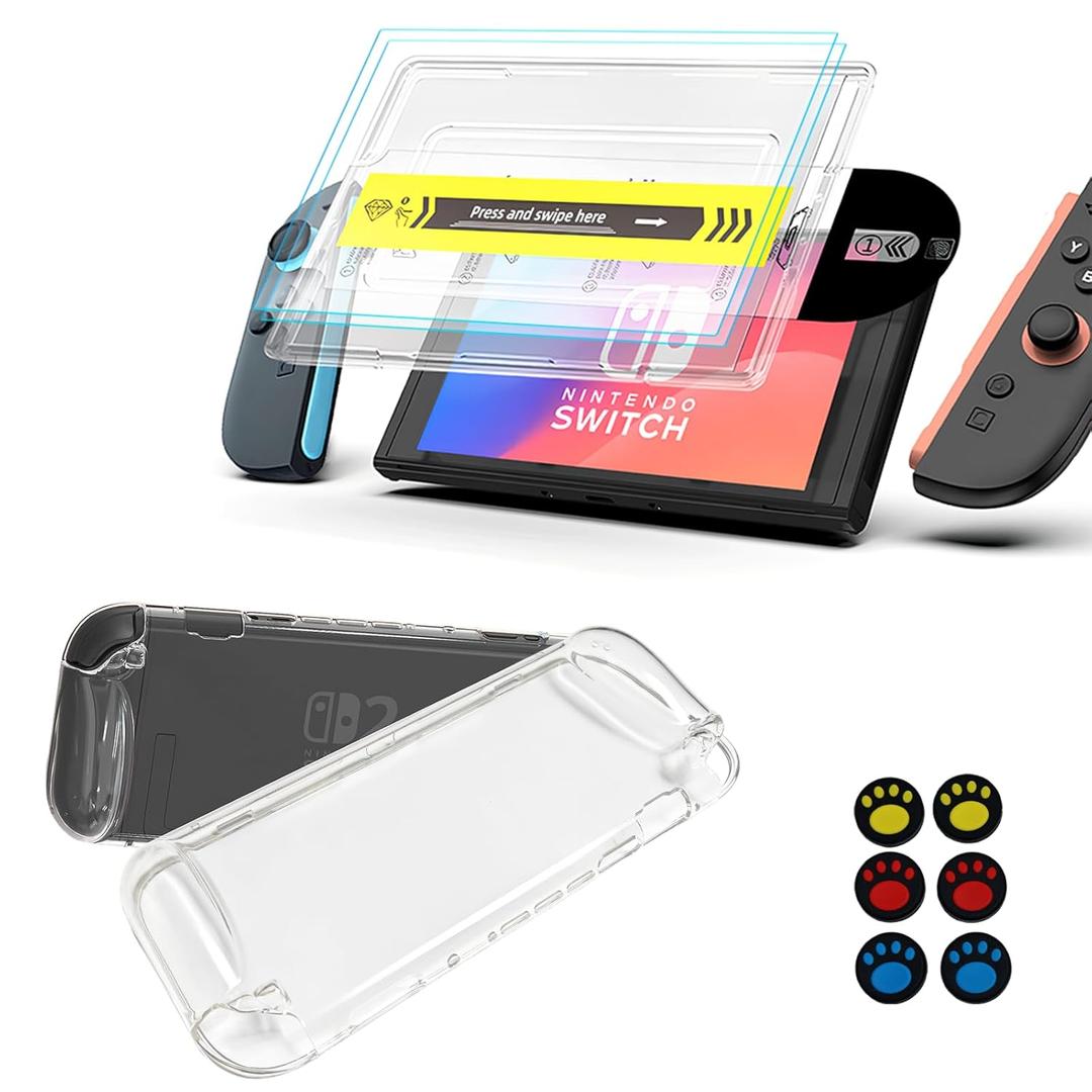LESUTI Switch 2 Case , 2X Tempered Glass Screen Protector with Auto-Align Tool, 6X Thumb Grips - 3-in-1 Travel Bundle for Nintendo Switch 2 (2025), Full Protection, Bubble-Free