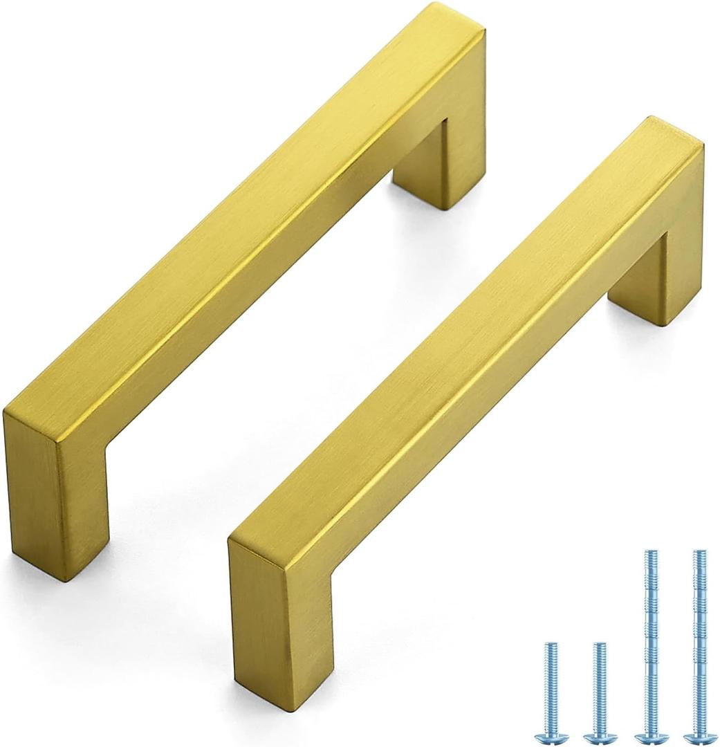 JOY DECOR 2 Pack Cabinet Handles, Gold Cabinet Pulls, 4 Inch Kitchen Handles Square Drawer Pulls Stainless Steel Drawer Hardware Handles, 102mm Hole Centers