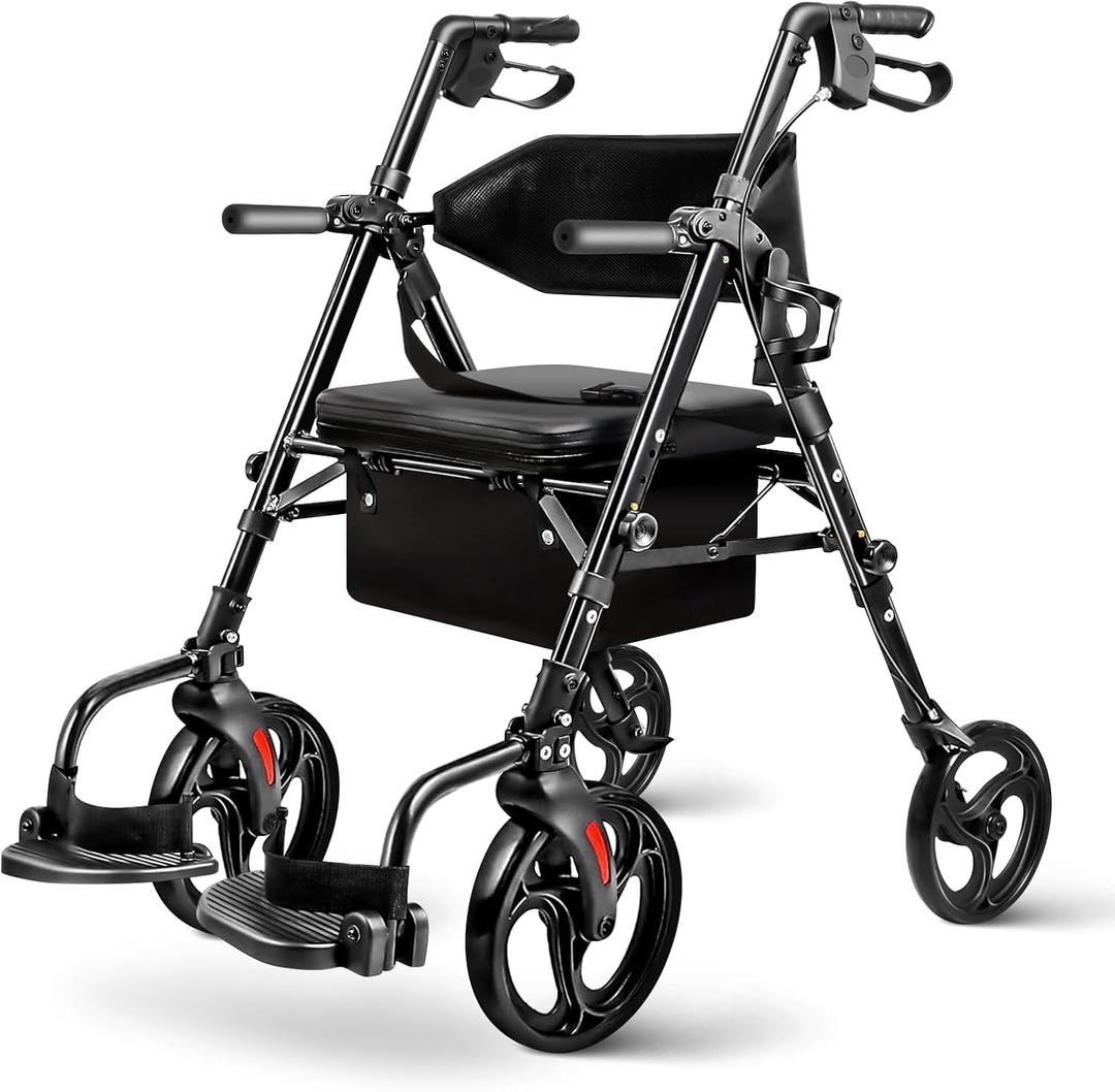 Foldable 2-in-1 Rollator Walker for Seniors with Seat, Lightweight Transport Wheelchair Combo 300 lbs Capacity, All-Terrain Tires, Anti-Tip Brakes, Adjustable Height 33.5"-40"