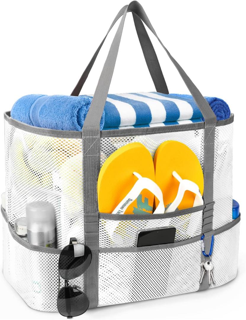 Mesh Beach Bag, Large Beach Bag Swimming Bag Foldable Mesh Tote for Your Family Beach Trip (White)