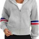 Womens Full Zip Up Long Sleeve Color Block Fleece Cropped Hoodies Winter Gym Running Outing Athletic Sweatshirts (Gray, XL)