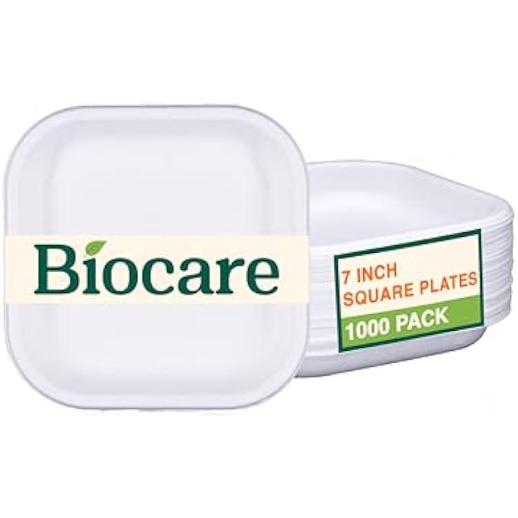 Biocare 7 Inch Square Plates (25 Pack) 100% Compostable Sugarcane Bagasse Heavy Duty, Eco-Friendly, Biodegradable, Disposable 7 Inch Square Plate, 1000 Pieces