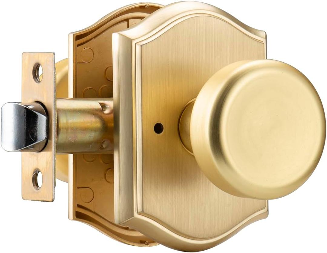 Interior Pismo Doorknobs for Bath & Bedroom, Gold Door Knobs with Camelot Trim, Satin Brass Door Knob with Lock (1-Privacy)