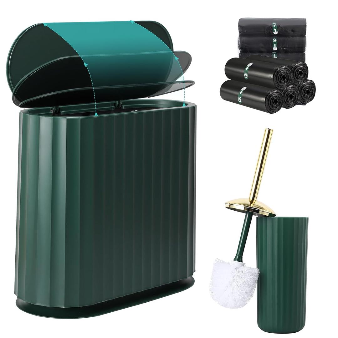 Small Bathroom Trash Can with Press Type Lid, Toilet Brush and Holder Set,Slim Dark Green Bathroom Garbage Can, Slim Narrow Trash Bin 2.6 Gallon Garbage Bin, 75Counts Trash Bags