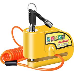 Motorcycle Alarm Disc Brake Lock, Motorcycle Locks Anti Theft Security Wheel Disc Lock Waterproof 110dB Alarm Sound with 5ft Reminder Cable Keys and Carry Pouch for Motorbike Bike Scooter (Yellow)