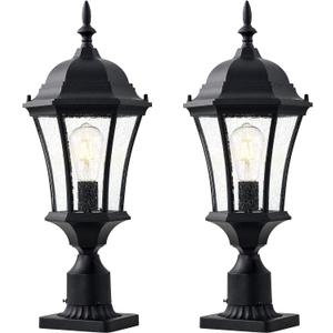 24in Large Outdoor Post Lights Aluminum Exterior Lamp Post Mount Lighting with Seeded Glass, Black Outside Gate Post Light Fixture Garden Hardwired Pole Lantern with 3'' Pole Base, 2 Pack