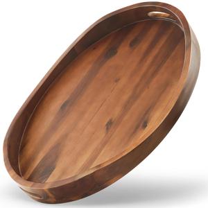 Acacia Wood Ottoman Tray with Handles - 20" x 15" Round - Large Oval Serving Trays for Living Room -Wooden Trays Decorative for Kitchen Counter, Coffee Table, Breakfast in Bed (Walnut Color)