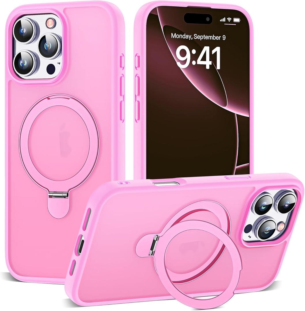 Designed for iPhone 16 Pro Case with Magnetic Ring Stand [Compatible with Mag-Safe] [Military Drop Protection] Shockproof Translucent Phone Cover for iPhone 16 Pro 6.3",Pink