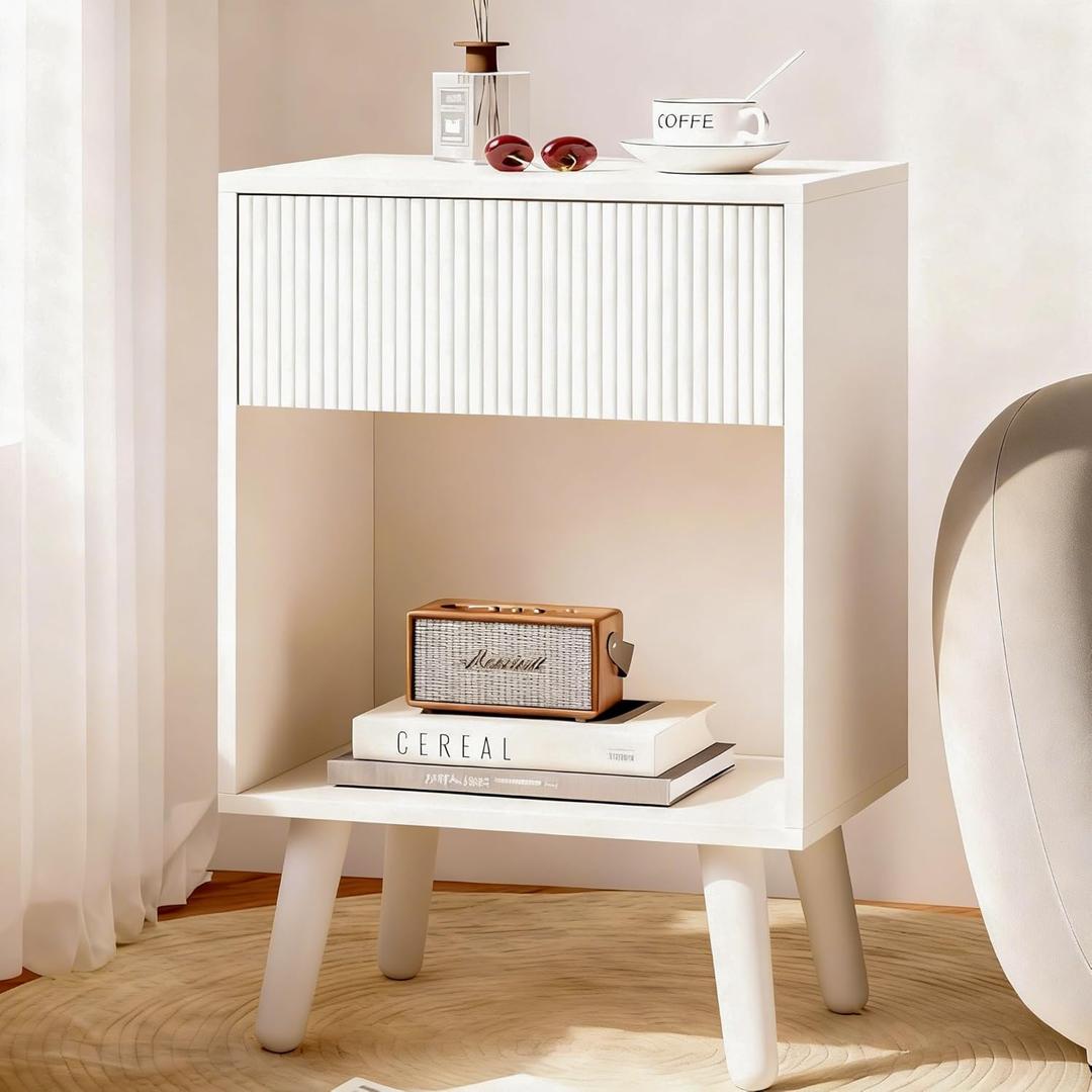 Fluted Nightstand, Modern Bedside Table with Storage Drawers and Open Wood Shelf, Night Stand with Solid Wood Legs, End Tables Side Tables for Living Room, Bedroom White (12"D x 16"W x 24"H)