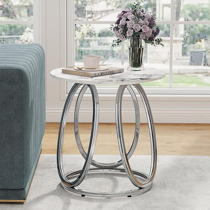 O&K FURNITURE Gold Side Table Living Room, Round End Table with Marbling Stone, Nightstand with Metal Frame, for Bedroom, Home Office, 1PC