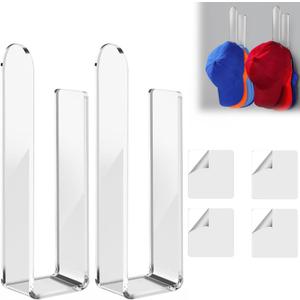 Sturdy Acrylic Wall Mounted Hat Hook, Baseball Hat Organizer, Strong Adhesive Hat Rack, Multi-Purpose Hat Holder, Sticky Hat Storage for Baseball Cap, Hat Hangers for Wall/ Door/ Closet(Clear, 2PCS)