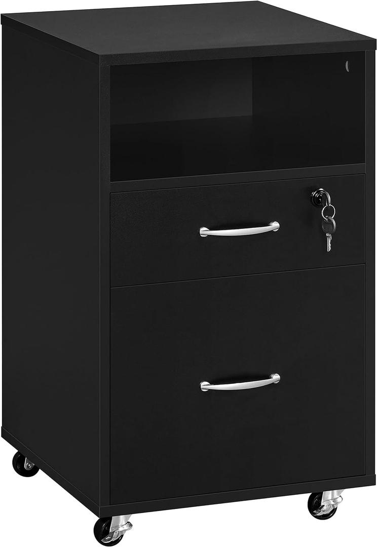Yaheetech File Cabinet, Under Desk Vertical Cabinet with 2 Drawers and Open Compartment, Printer Stand with Lockable Wheels for A4 Letter Size Hangable File Folders for Home Office (Black)