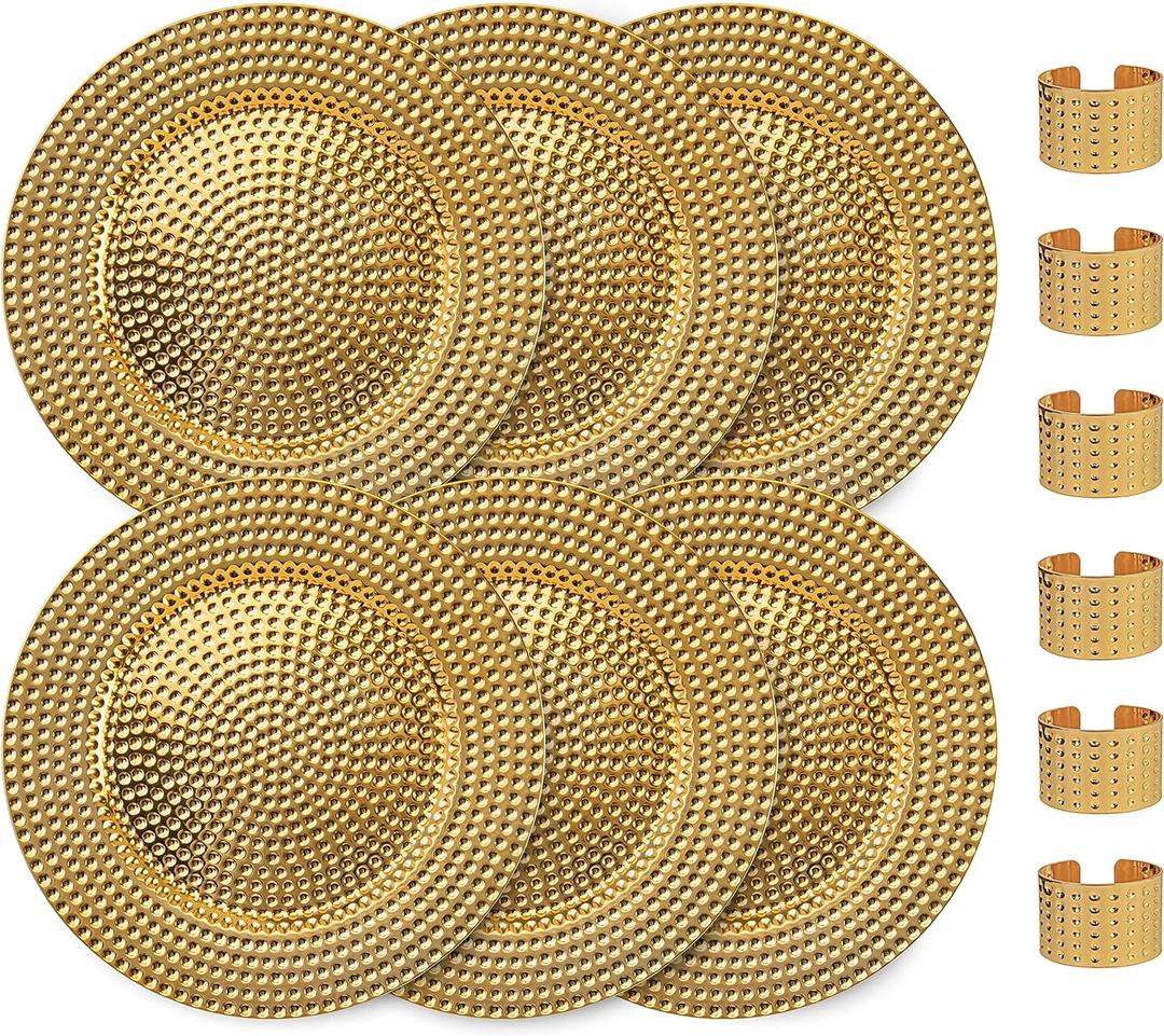 13 Inch Round Elegant Serve ware Charger Plates with Matching Napkin Rings, Wedding, Dinner party, Event - Choose from our Variety of Styles and Quantities (6, Hammered Gold)