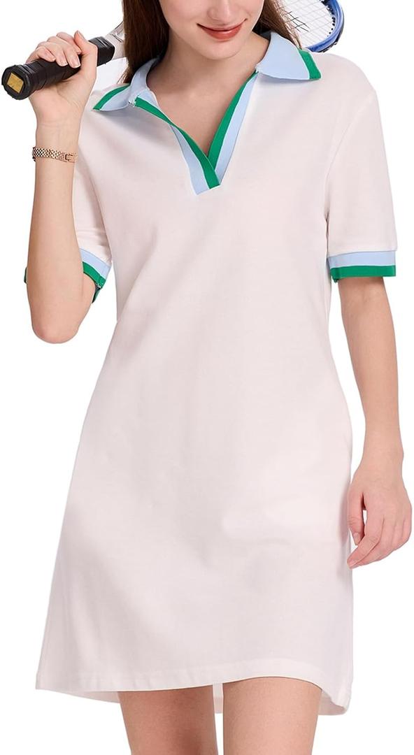 WOWULOVELY Polo Dress for Women V Neck Casual Short Sleeve Mini Shirt Dress Flowy Contrast Color Golf Tennis A Line Dresses (White, L)