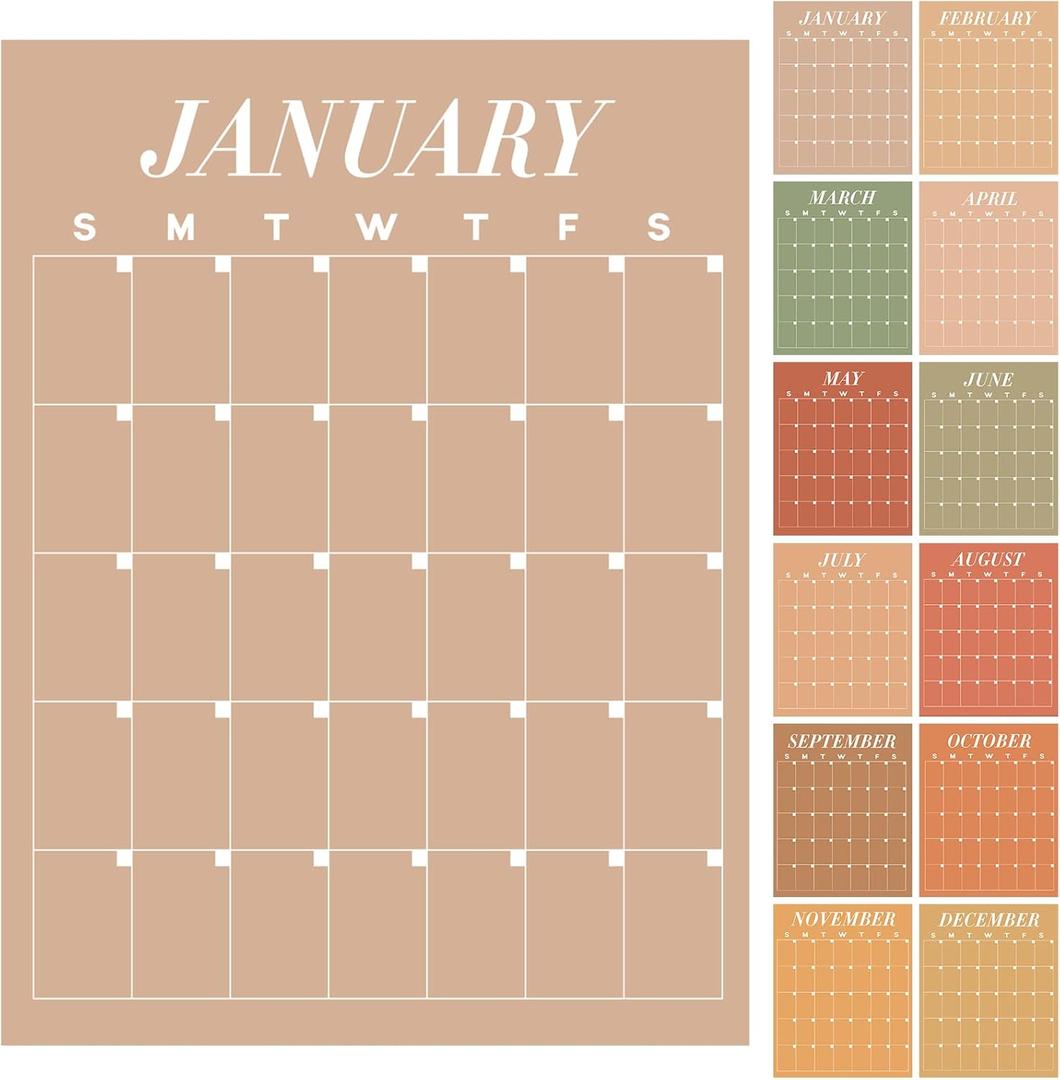 12 Pcs Brown Undated Calendars 16' x 20' Large Erasable Wall Calendar 12 Month Dry Ease Reusable Planning Yearly Blank Planner Reserved Grid for Office Home Educational Study Room Back to First Day (Harvest)