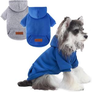 2 Pack Dog Hoodie Warm Hood Dog Sweater Cold Weather Small Dogs Sweatshirt Comfort Pet Clothes for Small Medium Dogs with Pockets Cats Chihuahua Clothes for Male Female Girl Boy Sporty Daily Wear (S (Back: 9.45", Chest: 14.9"), Dark Blue+Grey)