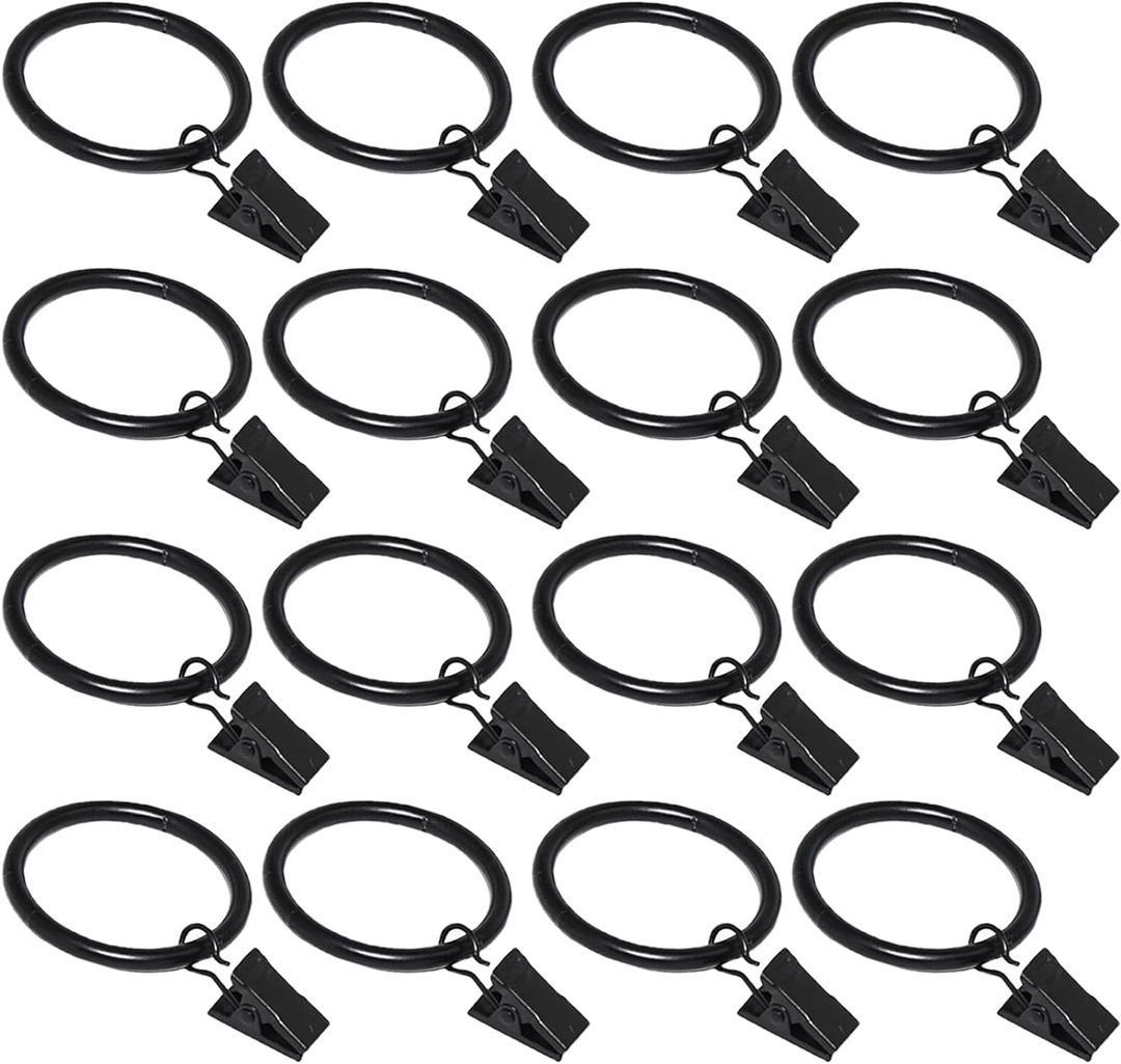 16 Pack Curtain Rings with Clips, Window Clip Rings Curtain Hooks Hangers Clip Rings for Hanging Drapery Drapes Bows, 1.5 Inch Diameter, Black