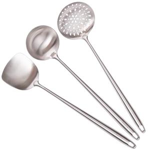 17” Wok Spatula and Ladle, Skimmer Spoon - 304 Stainless Steel Wok Tools Set, 3-Pieces Extra Long Handle Cooking Tools, All Metal Wok Utensils and Wok Accessories for Cast Iron/Carbon Steel Wok