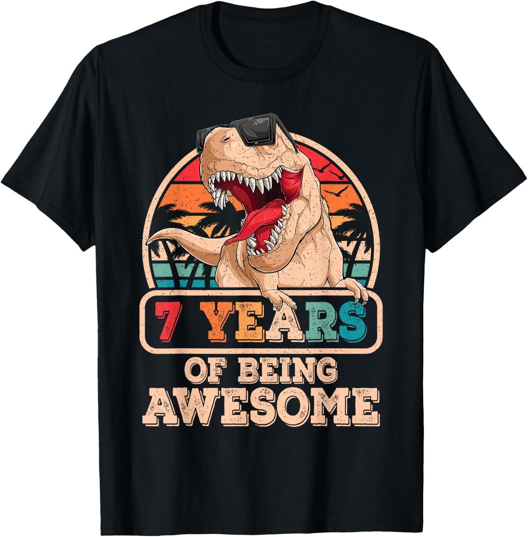 7 Years Awesome T Rex Dinosaur 7th Birthday Dino Boys Kids T-Shirt (Black, S)
