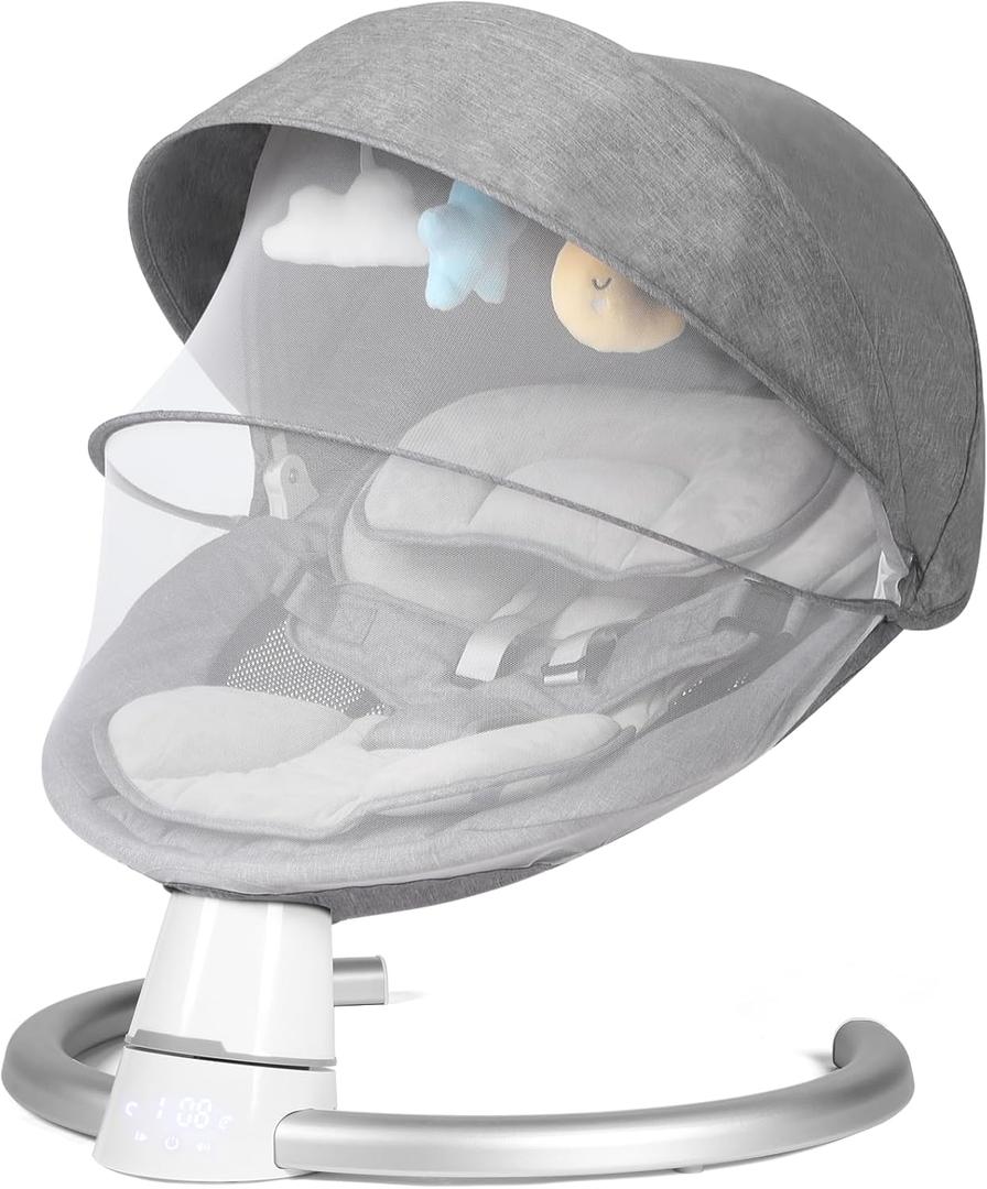 Baby Swing for Infants, Baby Rocker with 5 Speed & 10 Preset Lullabies, Bluetooth Support, 5 Point Harness with Remote Control and 3 Hanging Toys, Gray
