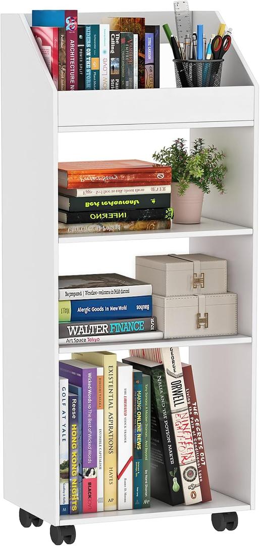 HAYOFAMY 4-Tier Mobile Bookshelf, White Bookcase with Wheels, Rolling File Holder Desk File Book Organizer for Home Office Living Room School