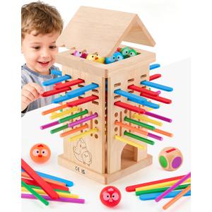 Montessori Toys Wooden Board Games for 3 4 5 6 Years Old, 34 Colorful Wooden Sticks Fine Motor Skills Toy for Kids 4-6, Math&Counting Learning Toy Family Games for Girls Boys 3 Year Olds Gift Ideas