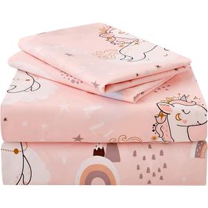JSD Pink Unicorn Kids Sheet Set Full Size, 4 Piece Girls Rainbow Printed Microfiber Bed Sheets Deep Pocket