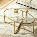 Wolawu Coffee Table Gold Oval Glass Coffee Tables for Living Room,Modern Gold Metal Frame Tea Tables for Small Space, Tempered Glass Top Center Table with Stable Cross Base for Bedroom, Office,Balcony, 39.37 inches x 21.62 inches x 17.72 inches