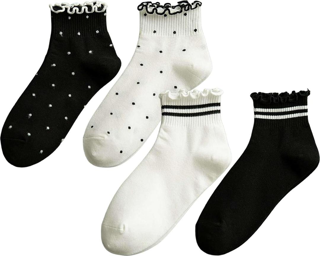 CHUNFO Womens Striped Ruffle Ribbed Crew Frilly Socks Cute Dot Athlete Ankle Cotton Casual Sock Size5-9 (4pack,black,white,stripe,dot)
