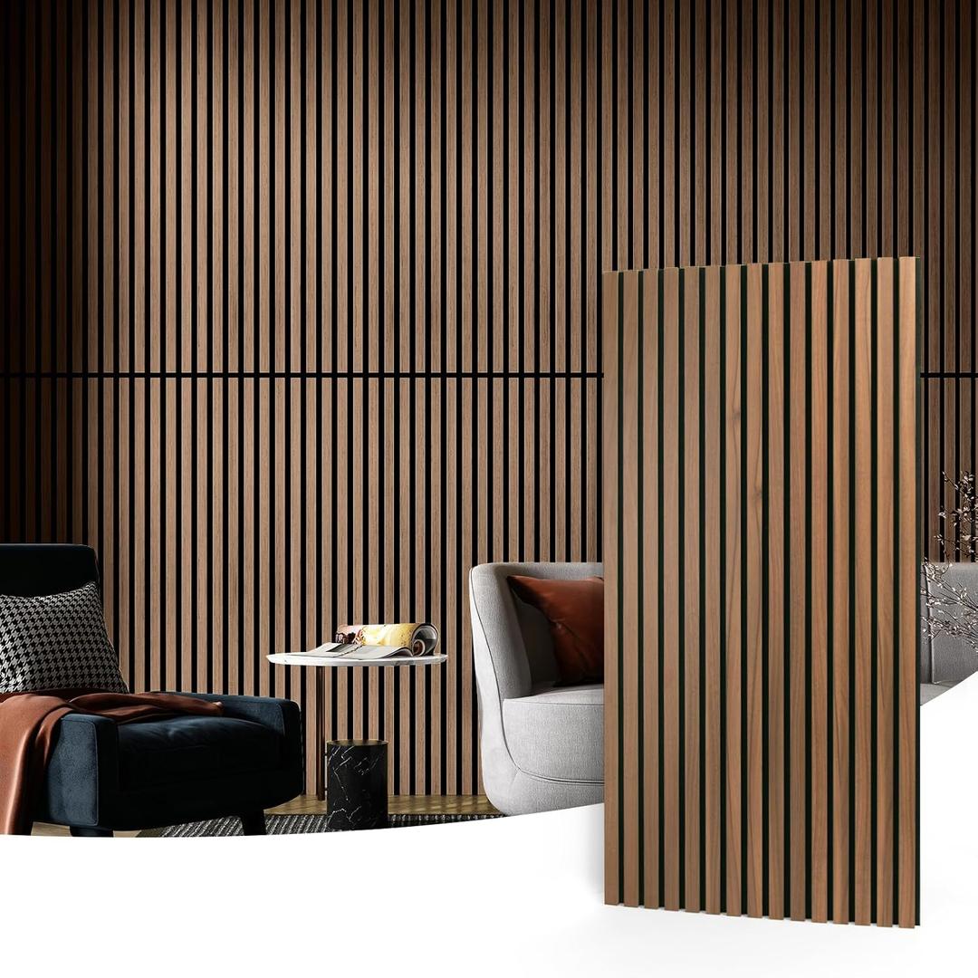 Art3d 4 Pack 47.2 x 23.6in. Wood Slat Acoustic Panels for Wall and Ceiling - 3D Fluted Sound Absorbing Panel with Wood Finish - Walnut