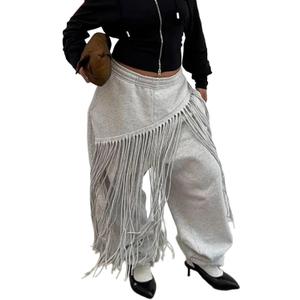 Womens Wide Leg Sweatpants High Waisted Baggy Pants Fashion Teen Girl Fringe Athletic Joggers with Pockets Tassels (X-Large, Grey)