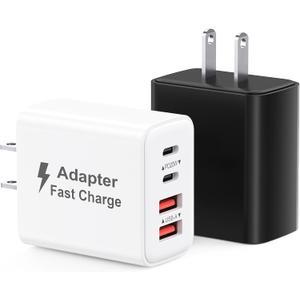 USB C Charger Block 40W, 2Pack 4-Port Type C Fast Charging Blocks, PD USB C Wall Plug + QC USB A Charger Cube Multiport Brick Compatible with iPhone 16 15 14 13 12 11 Pro Max XS, Samsung (Black+White)