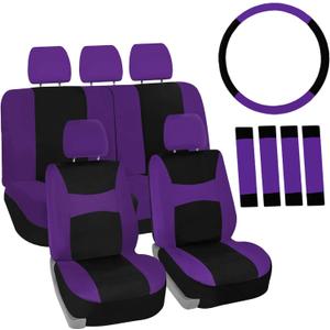 FH Group Full Set Car Seat Covers Cloth, Universal Fit combo, Set with Steering Wheel Cover and Seat Belt Pad fits Most Cars, SUVs, Trucks Purple