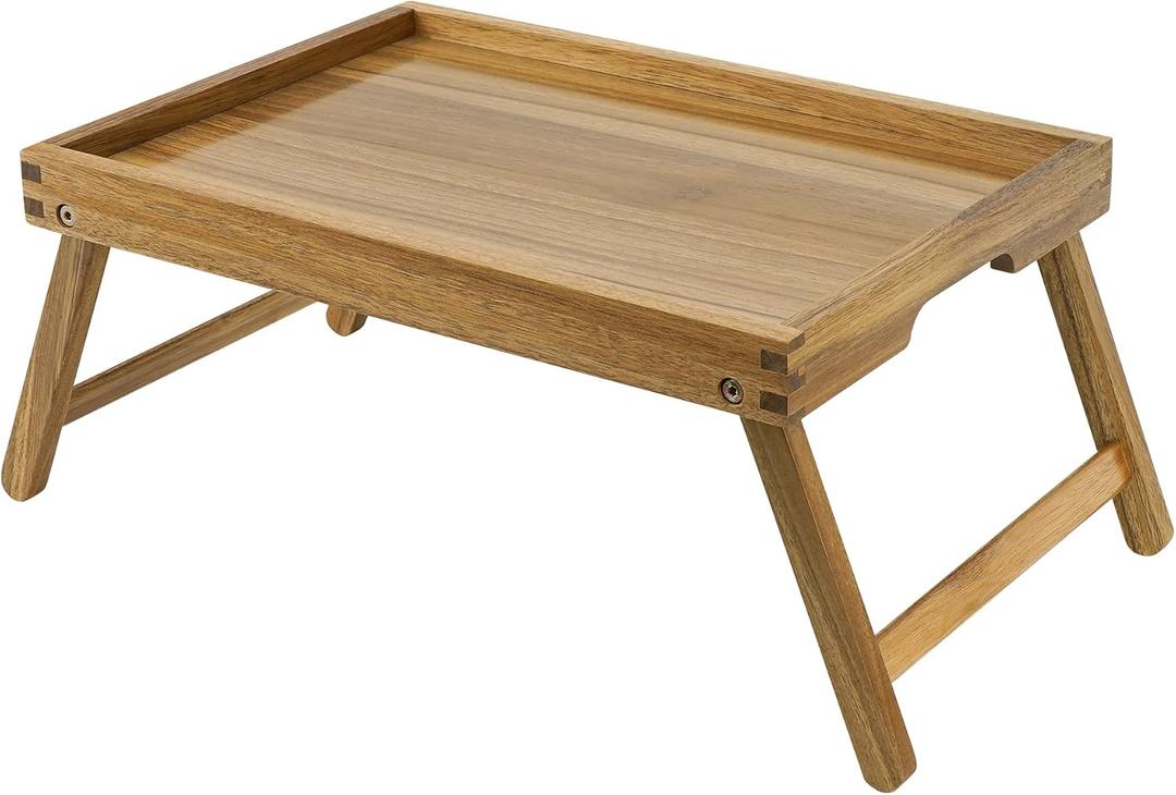 VaeFae Acacia Bed Table Tray, Wooden Breakfast Tray with Folding Legs, Bed Tray for Eating and Laptop, Eating Trays for Bedroom (Medium)