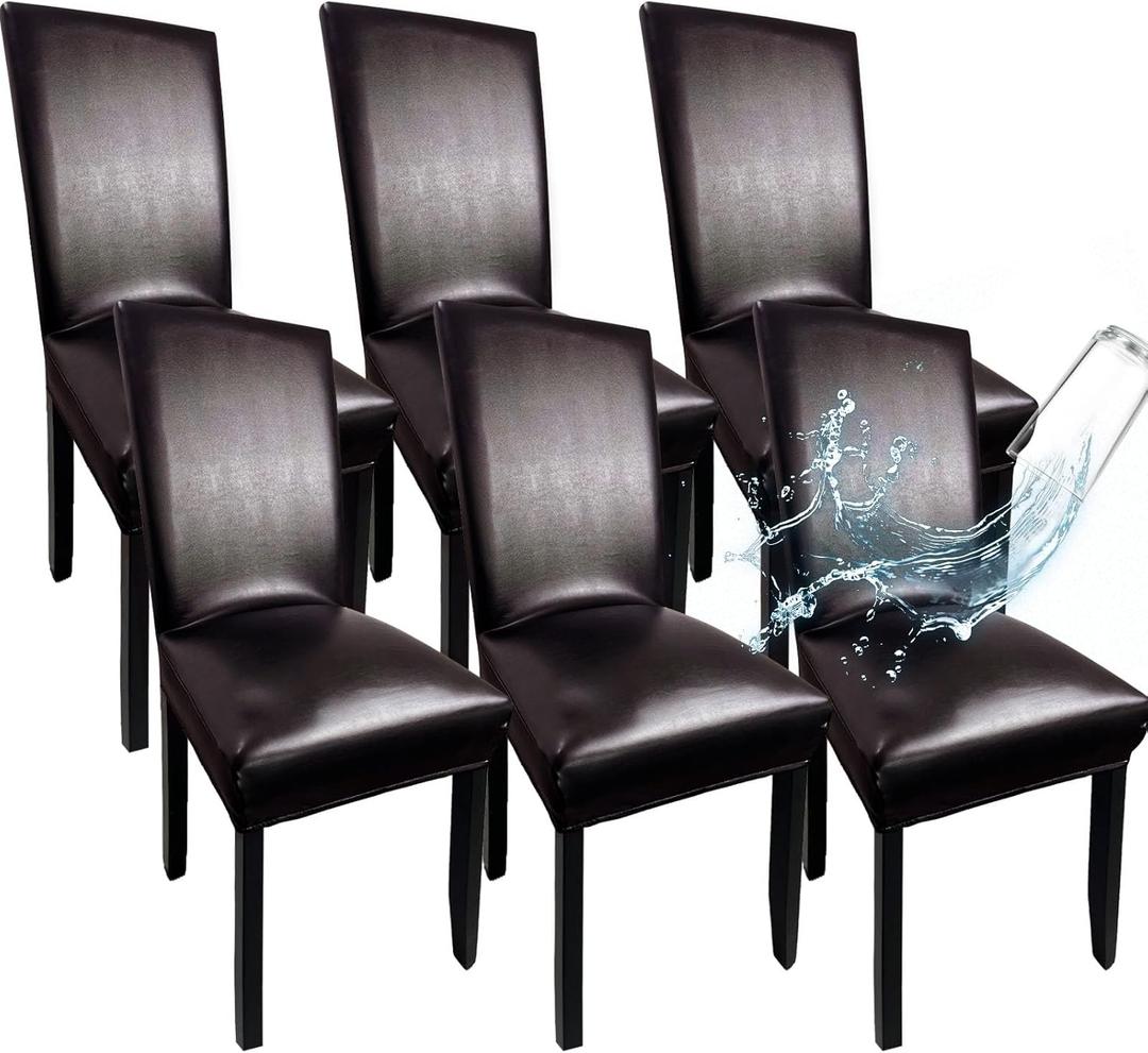 Leather Chair Covers for Dining Chairs Set of 6, Super Stretch Waterproof Kitchen Chair Covers Thickened Washable Dining Chair Slipcovers Brown Chair Seat Covers for Dining/Kitchen/Banquet