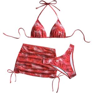 SHENHE Women's 3 Piece Floral Swimsuits Triangle Halter High Cut Bikini Set with Cover Up Skirt, M