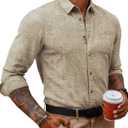 PJ PAUL JONES Men's Linen Shirts Casual Button Down Long Sleeve Shirt Lightweight Beach Shirt with Pocket (Medium, Khaki)