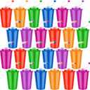 Zubebe 24 Pcs Neon Straws Cups 12 oz Colorful Neon Cups with Sipper and Lids Plastic Favor Reusable Straw for Birthday Party Events Supplies, 6 Colors
