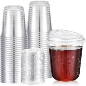 50 Sets Clear Plastic Coffee Cups with Sip Lids, Disposable Plastic PET Crystal Cups for Iced Coffee, Smoothie, Cold Beverage, Drink Shops and Party Catering(Clear, 14 oz)