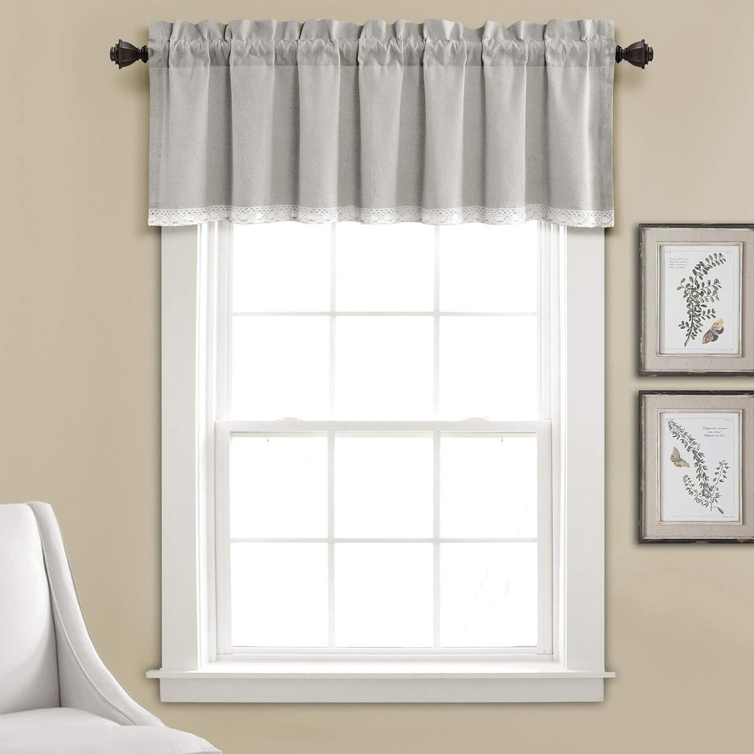 Lush Decor Linen Lace Window Curtain Valance Dark, 18" x 52" + 2" Header, Light Gray